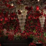 Luxury Red Rose Wall & Crystal Chandelier Wedding Stage Décor