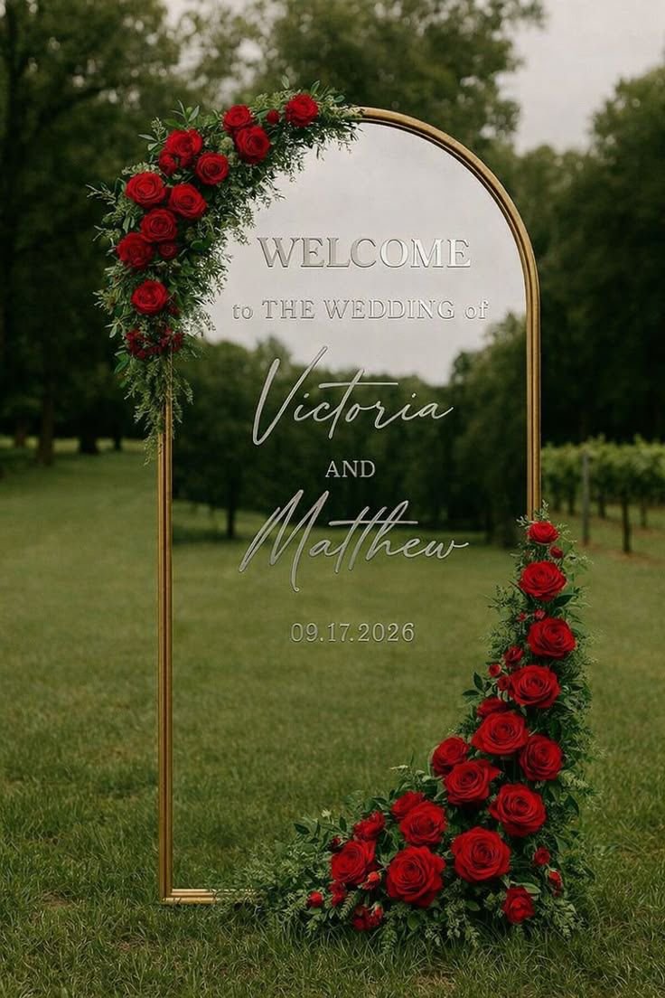 WhatsApp Image 2026-05-28 at 12.48.10 AM Gold Arch Wedding Welcome Sign with Red Rose Floral Arrangement - Image 1